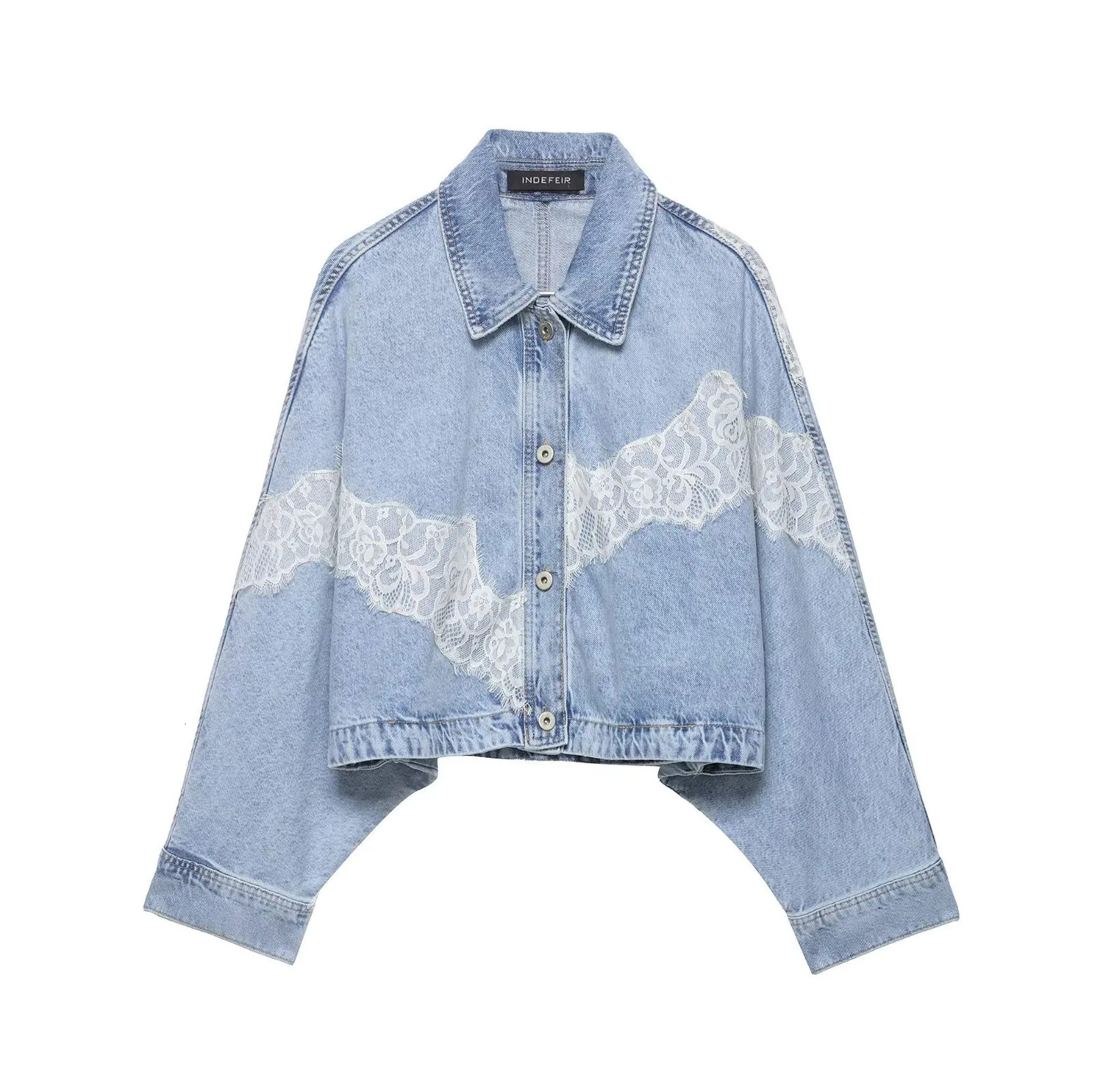 Willshela Women Fashion Denim Lace Patchwork Single Breasted Jackets Vintage Lapel Neck Long Sleeves Female Chic Lady Outfits 261016
