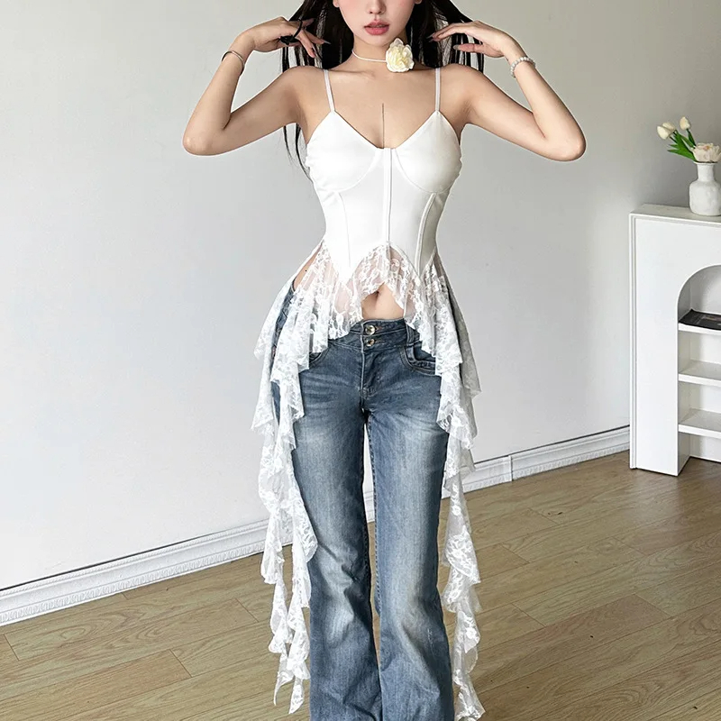 MEXZT Y2K Irregular White Tank Top Women Sexy Lace Ruffles Backless Black Corset Summer Gyaru Streetwear Grunge Bandage Camis