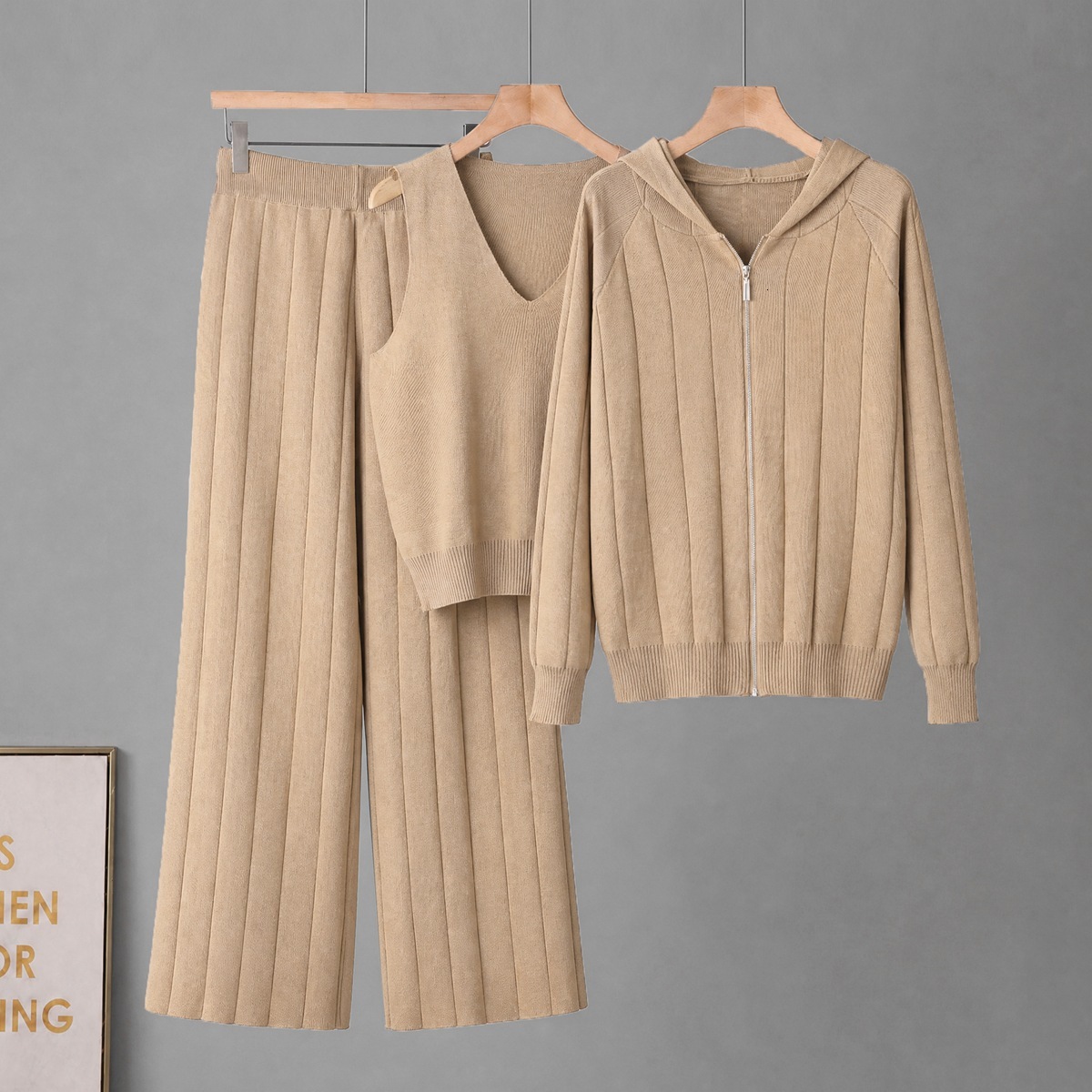 Womens Three Piece Korean Style Knitted Set With Jacket Camisole And High Waist Wide Leg Pants Long Sleeve Casual Outfit For Women Autumn Winter Wea