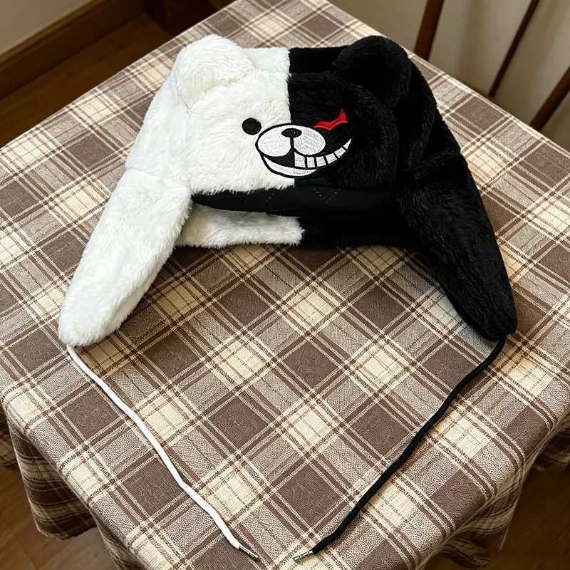 Trapper Hats Y2K thick plush rope ear cap | cute black and white bear embroidered warm Lei Feng capT261017