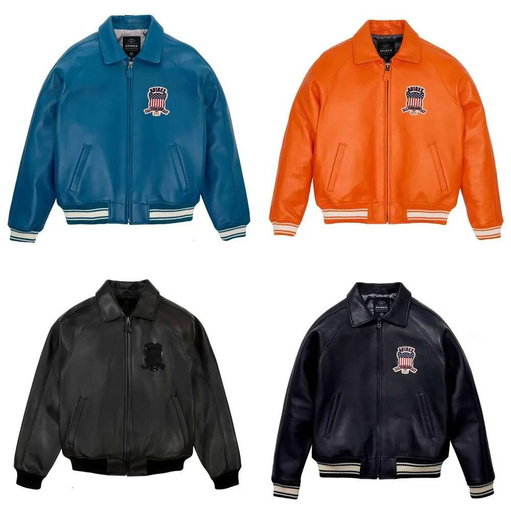 AVIREX Mens Genuine Leather Varsity Jacket Plus Size Thick European Lambskin with Embroidery High Quality Durable Outerwear 25d