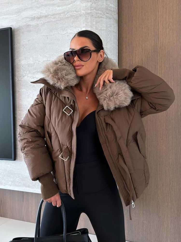 Women's Down Parkas Fashion Solid Women's Jacket Furry Collar Pocket Oversize Long Sleeves Warm Overcoat Chic 2026 Winter New High Street