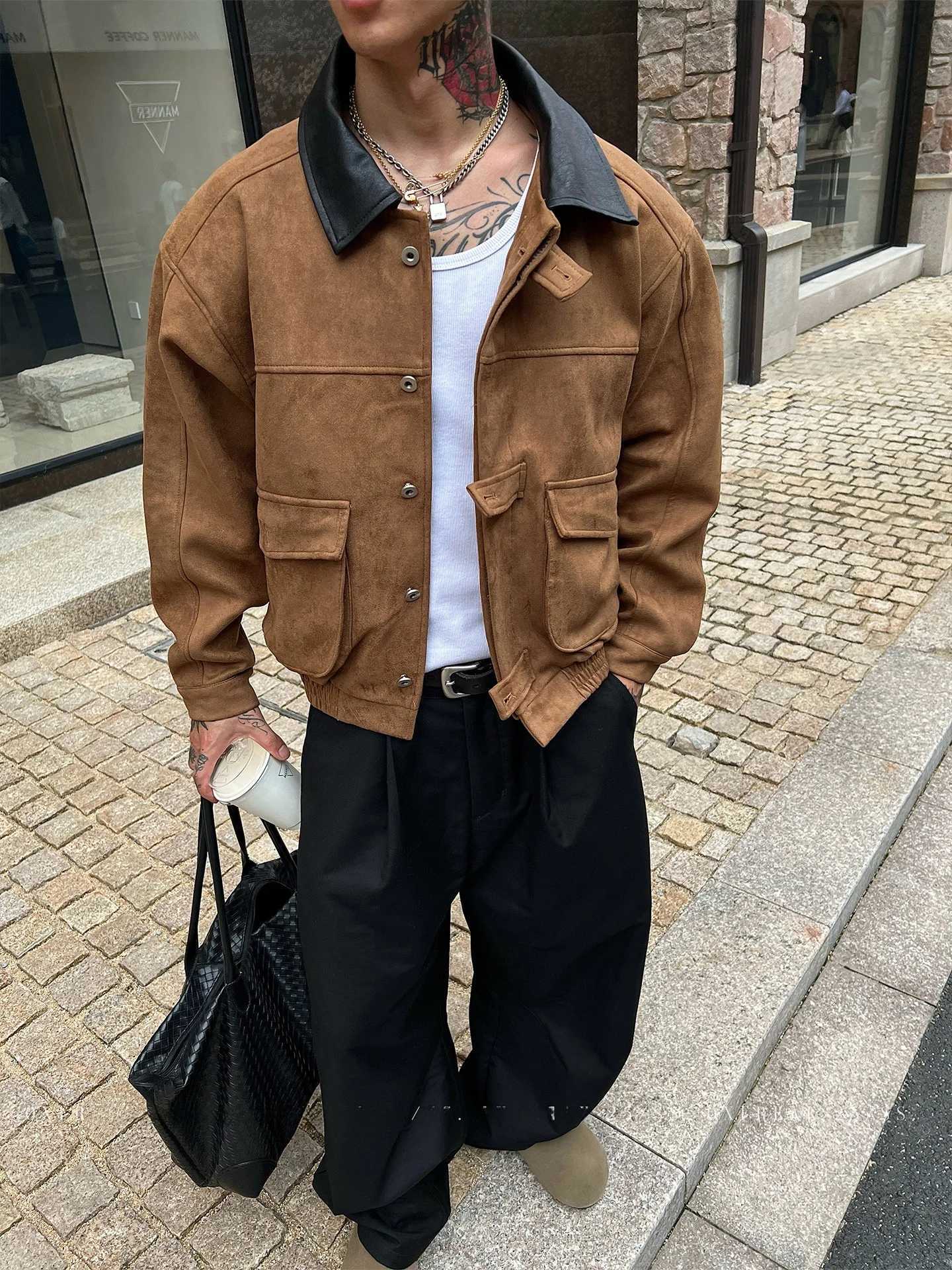 American Retro Suede Workwear Jacket Men's Spring Autumn Short Loose Casual Collar Handsome Outerwear Polyester Fiber S261017D7PV