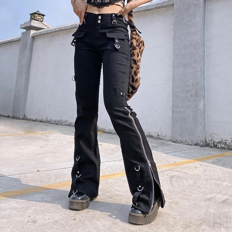 Dark Punk Y2k Grunge Low Waist Emo Jeans Mall Gothic Women Black Patchwork Electro Pants Fashion Streetwear Alt Clothes 261016