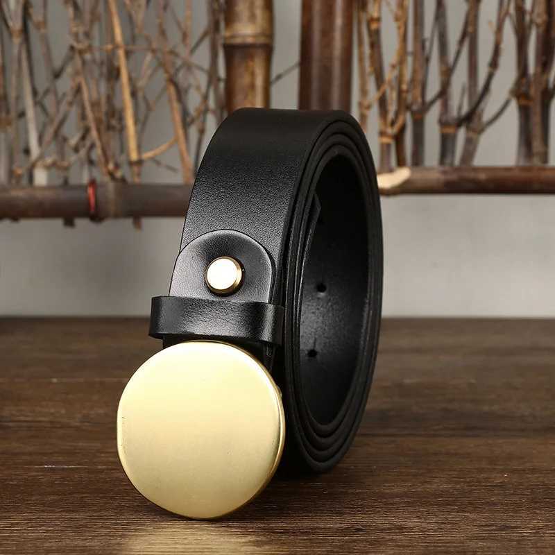 Genuine 3.3 Wide Pure Cowhide Leather for Men's High Quality Jeans ooth Round Buckle Brass Buckle Belts Cowboy Waisand Male M261016
