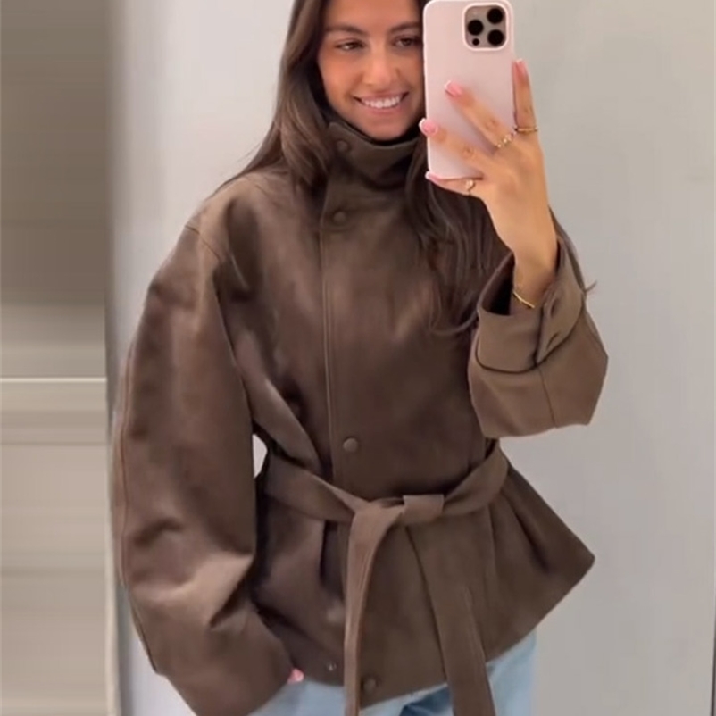 Elegant Lace Up Women's Short Suede Coats Belt Stand Collar Single Breasted Full Sleeve Jacket Autumn Lady Vintage Outwear 261016