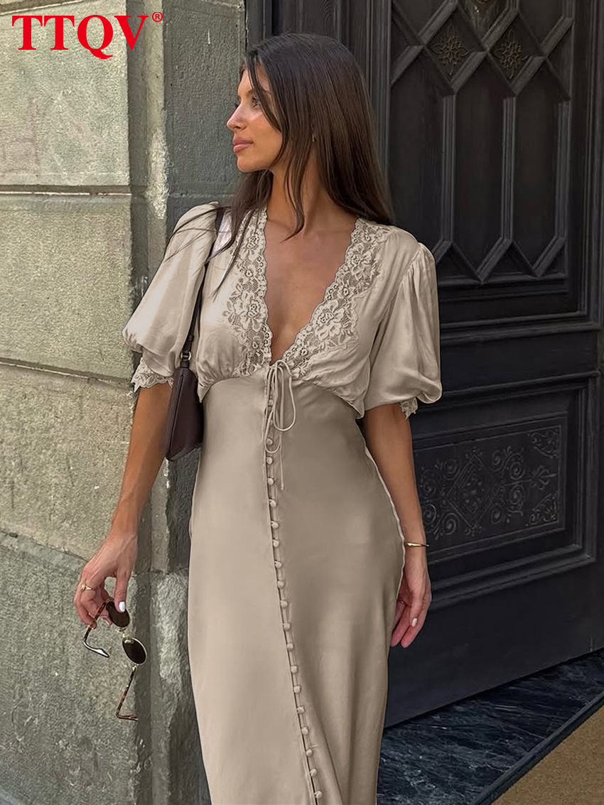 2026 Summer Loose Khaki Satin Women's Sexy V-Neck Short Sleeve Ankle Length Dress Elegant Classic Lace-Up Party Dresses