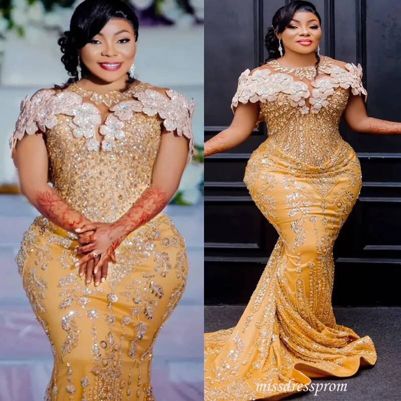 Plus Size Gold Mermaid Prom Dress Luxurious Evening Dresses Formal Gowns Sheer Neck Pearls Illusion Beaded Lace Crystals Birthday Second Reception G