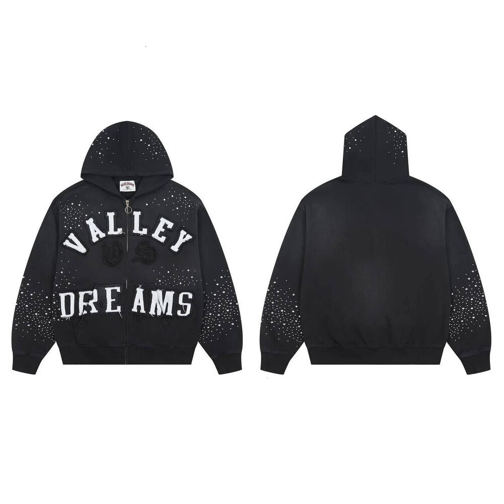 Vallshirt Hoodie Vintage Graphic Zip Up Designer For Men Women Unisex Washed Black White Pullover Loose Sweatshirts Retro Vale Dream Jacket E16