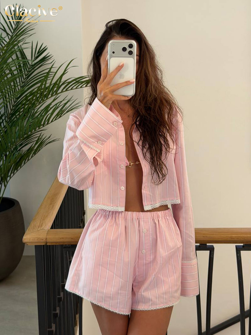 2026 Fashion Loose Stripe Print Women's 2-Piece Sets 2027 Elegant Long Sleeve Shirt With High Waist Shorts Set Female Clothing