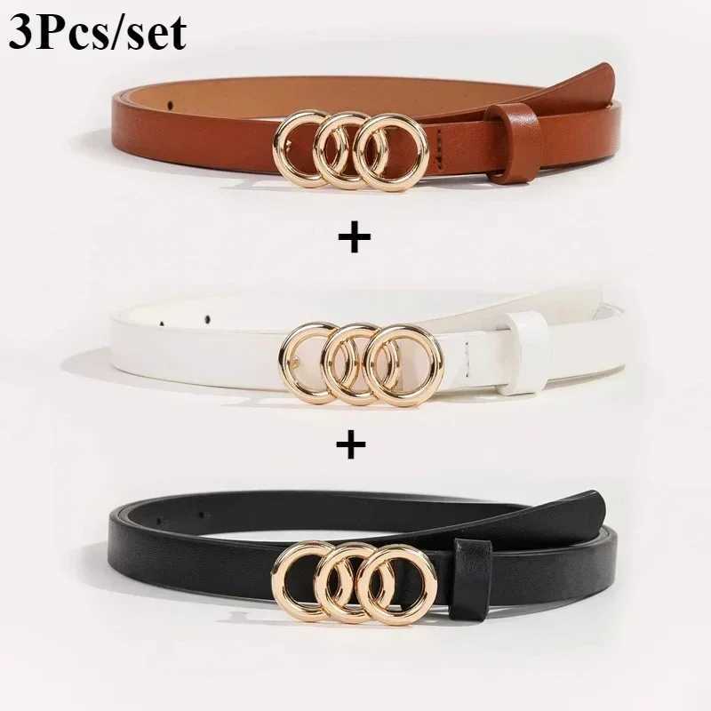 3Pcs/set Triple Rings Buckle Belt Classic PU Leather Thin Belt Casual Pin Buckle Waist Bands For Pants Jeans Dress S261017KSAI