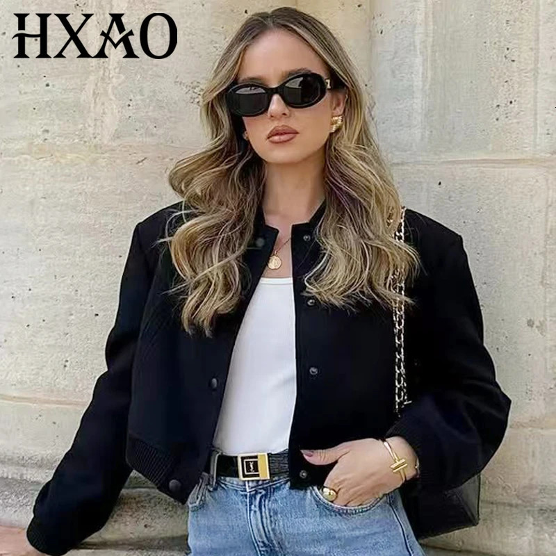 HXAO Women's Bomber Jacket Autumn Crop Soft Tweed Outerwears Black Grey Khaki Beige Darkgrey Jacket Long Sleeve O-Neck Coat 261015