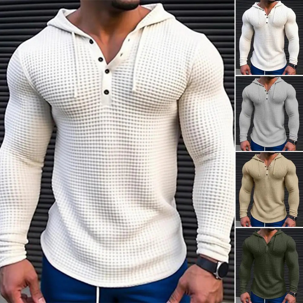 Spring Solid Color Slim Fit Long Sleeved T-shirt Men's Hooded Breathable Sports Top Waffle Cotton Casual Long Sleeved Shirt 261015