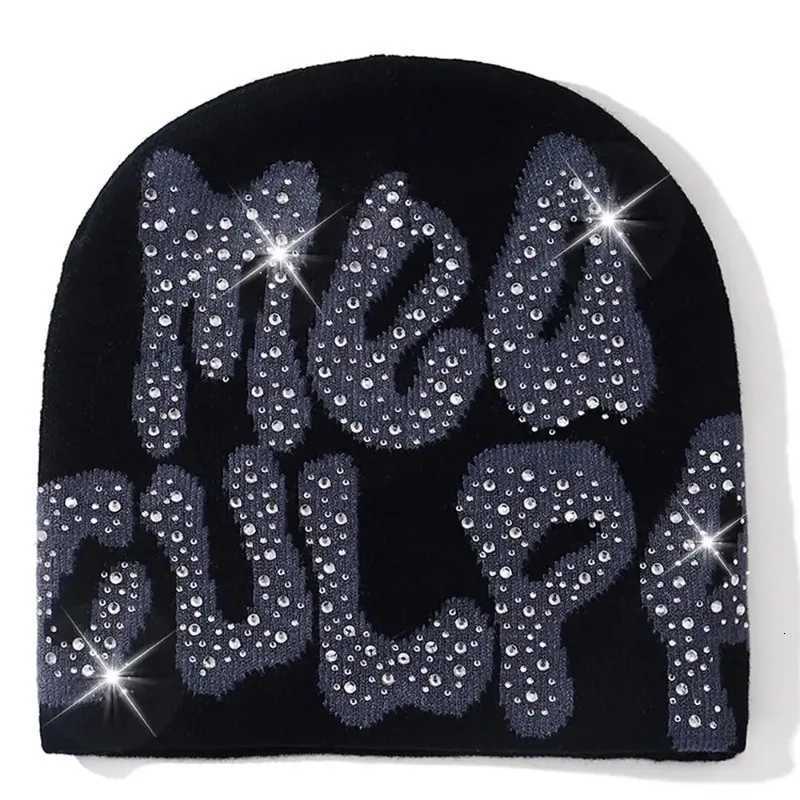 Beanie/Skull Caps 2023 NEW Y2K MEA Culpa Beanies Hat with Rhinestone for Women Men Beanies Hats Hip-hop Soft Stretch Warm Knitted Slouchy Cap Q26101