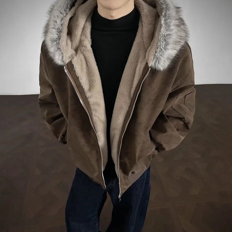 Red Faux Fur Lining Winter Coat Man Woman Winter Warm Thicken Fleece Hooded Jacket Padded Plush Coats 261015