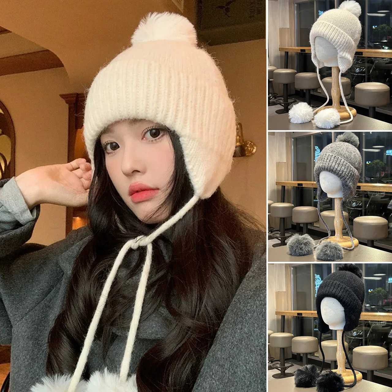 Trapper Hats Plush Pendant Knit Ear Protection Hat For Women Earmuffs Cap Winter Warm Woolen Crochet Bonnet Pompom Beanies Girl Pullover CapsT261017
