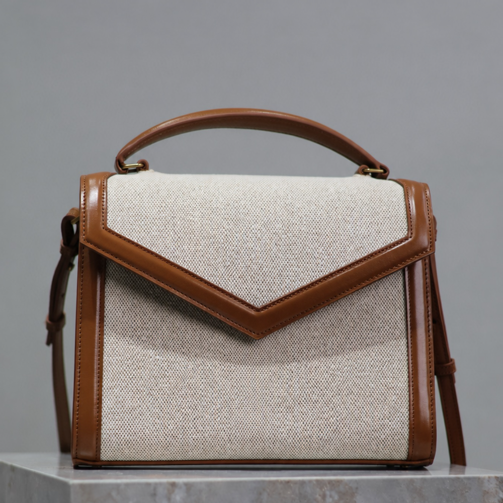 Structured Top Handle Satchel Bag Linen Leather Panel V Flap Turn Lock Shoulder Purse Chic Daily Style Top-Tier Designer Bag