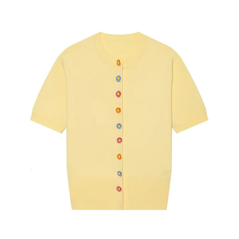 Women's Cardigan with Flower Buttons 2026 Summer Casual O-Neck Knit Short Sleeve Ribbed Trims Sweaters Simple Female Tops 261015