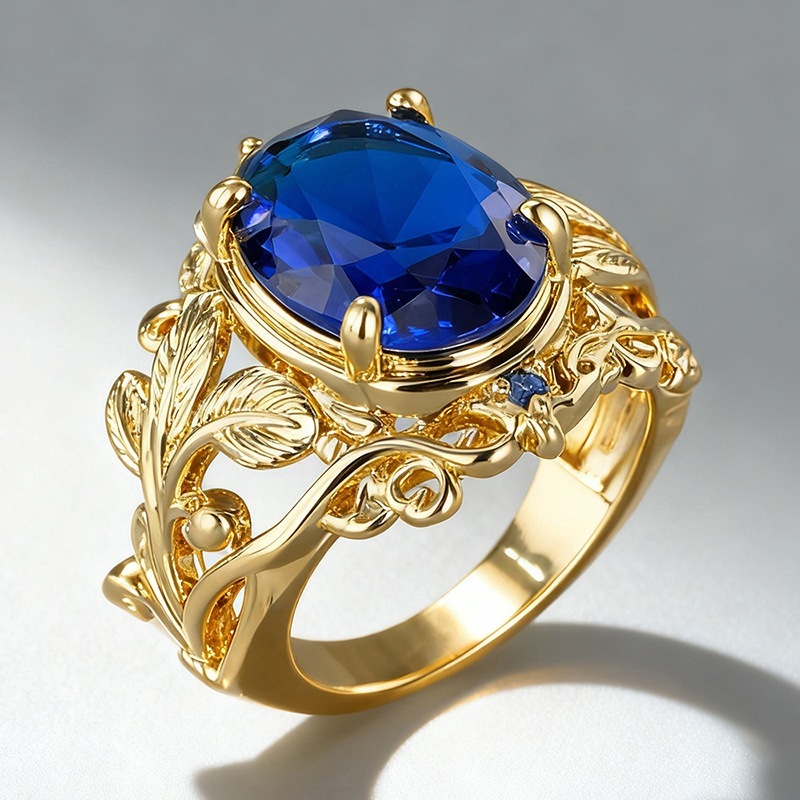 Huitan Cross-Border Hot Sale: European American Retro Inlaid Sapphire Blue Cubic Zirconia For Women, Elegant, Simple, And Unique Women's Ring