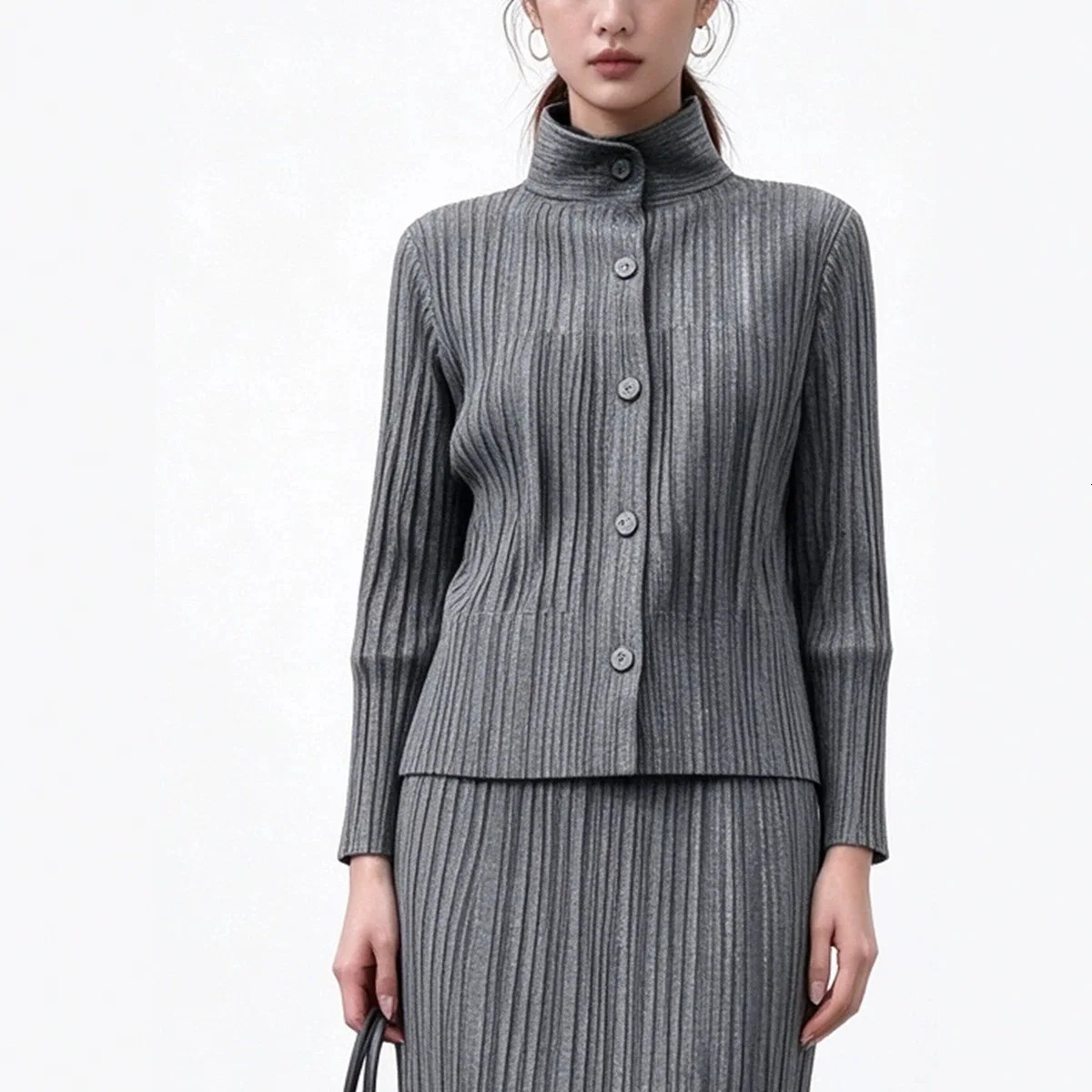 Miyake Women Vertical Rib Knit Cardigan High Neck Single Breasted Long Sleeve Slim Fit Solid Knit Top Elegant Autumn Blouse 261016