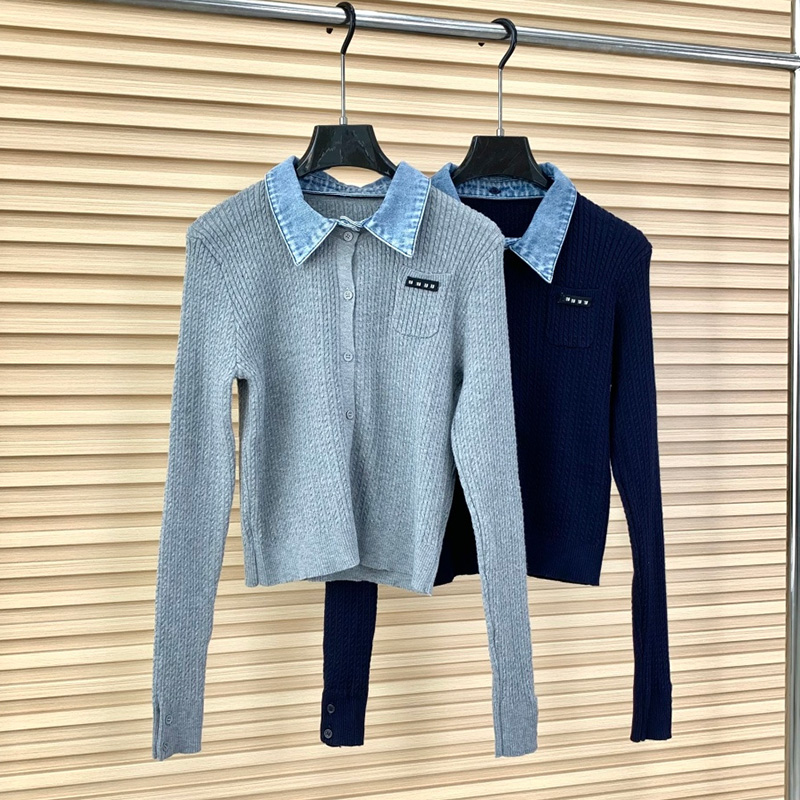 Designer Women Preppy Knitted Cardigan Denim Collar Cropped Slim Fit Knits Shirt Spring Autumn Casual Date Party Knit Top