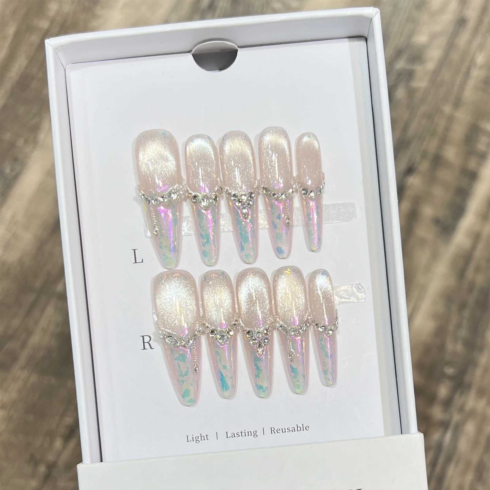 False Nails Press On Nails 10PCS Purple Fantasy French Manicure With Iridescent Foil Glitter Cat Eye DIY Fake Nails For Women Party Wedding Q261017