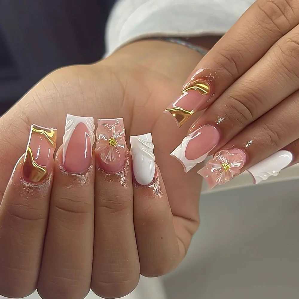 False Nails 24Pcs Sweet Medium Square French False Nails Blush Pink Flower Full Cover Fake Nails Extension Acrylic Wearable Press on Nails Q261017