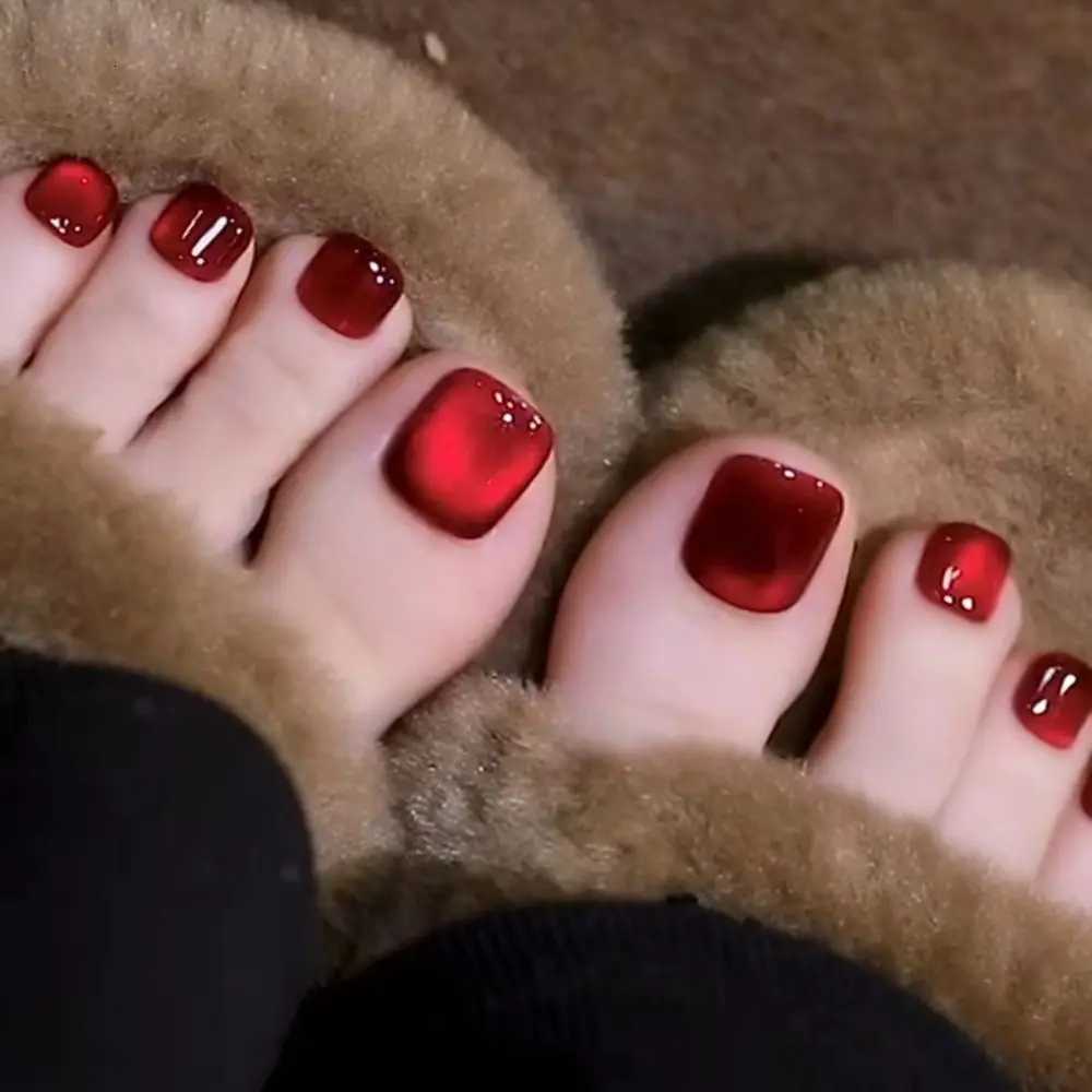 False Nails 24pcs Fake Toenails French Full Cover Summer Red Cat Eye Short Square Toe Nails Foot Nails Tips for Women Girl Press on Nails Q261017