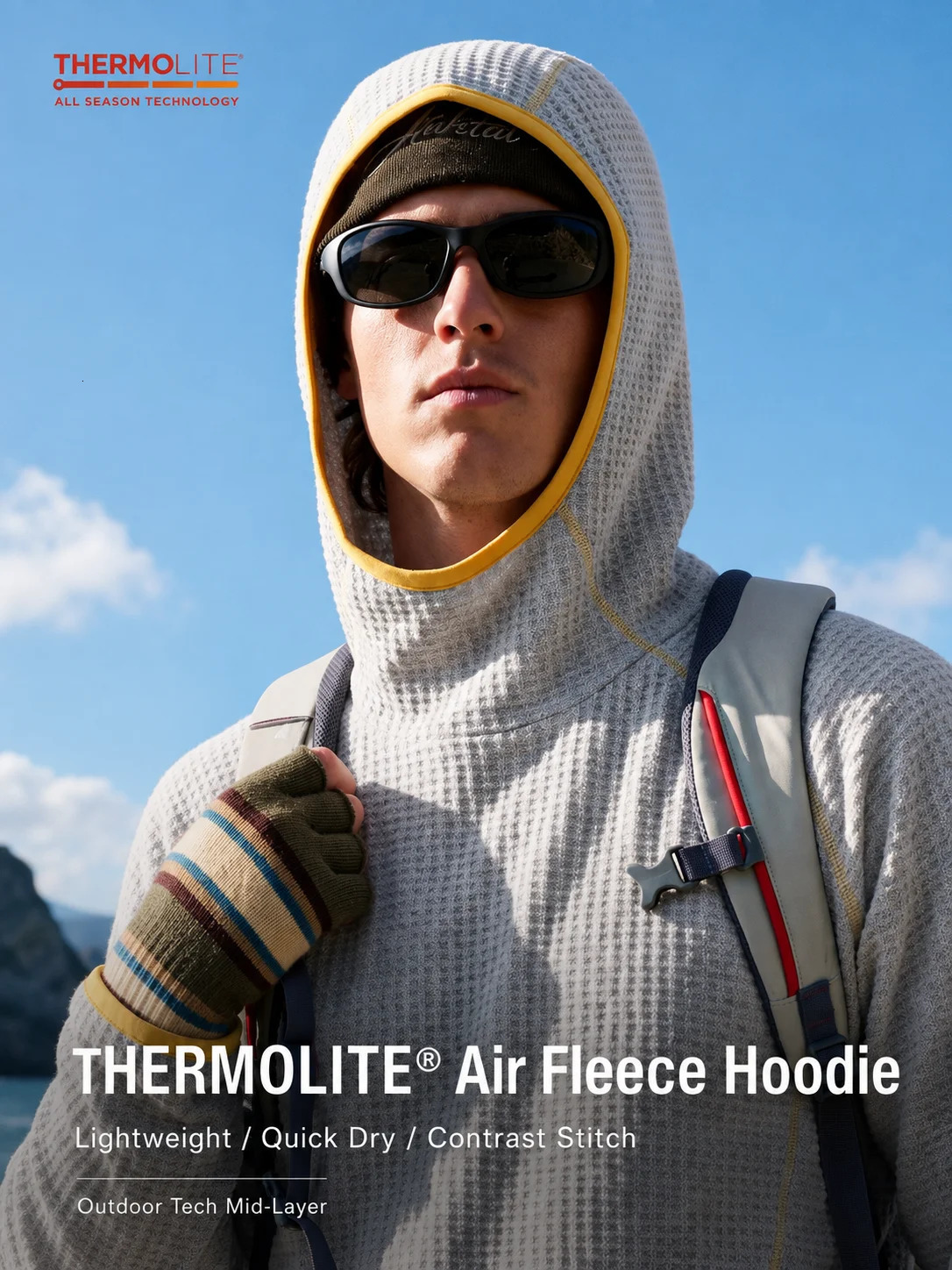 THERMOLITE Mens Lightweight Air Fleece Hoodie Contrast Stitch Thermal Pullover Sweatshirt Quick Dry Outdoor Athletic Tech Top 261016