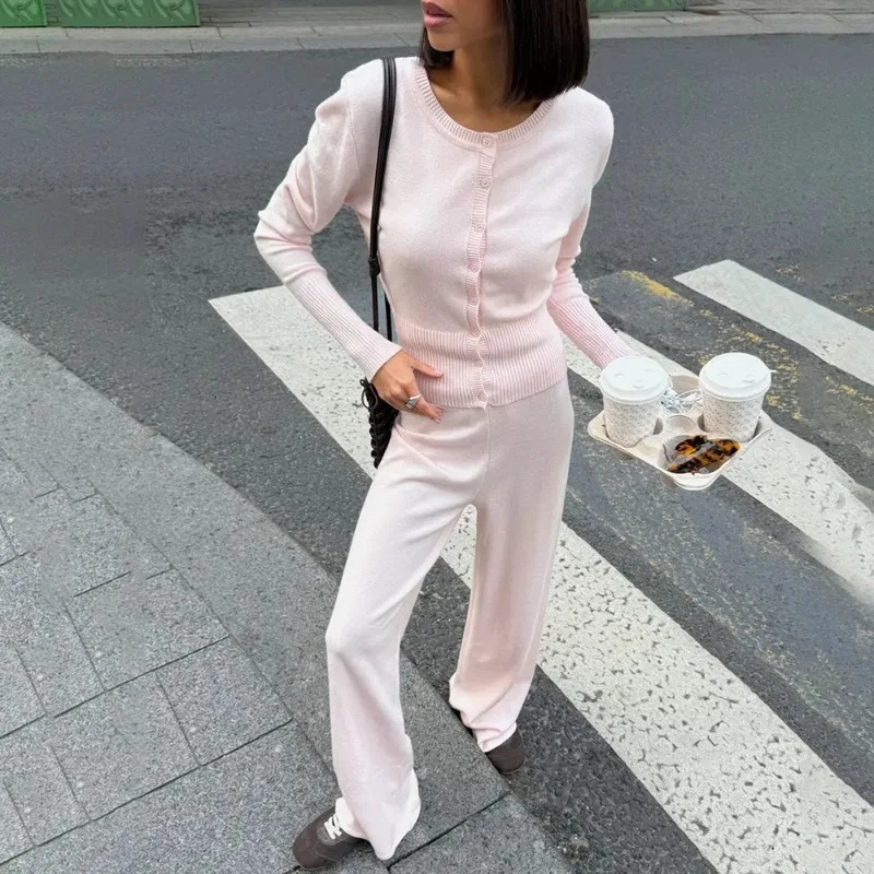 Ticketsx Women's Trousers 2 Piece Solid Knit Cardigan Straight Lace-up Trousers Set Vintage Streetwear Casual Pant Sets 261016