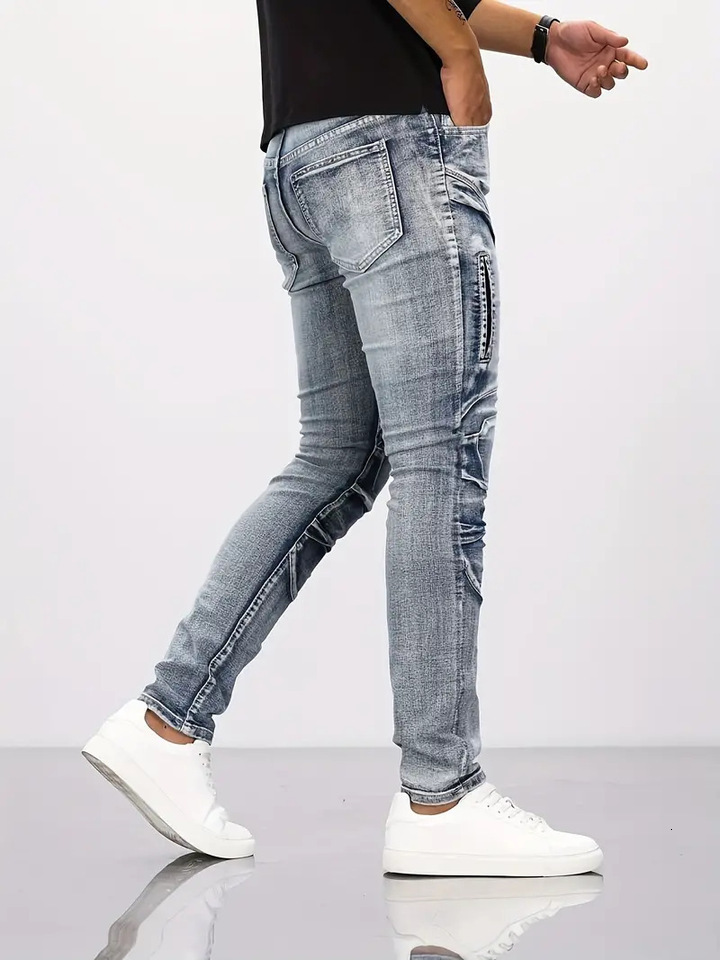 New Distressed Men Jeans Denim Holes Skinny Vintage Wash Solid Pencil Pants 2024 Ankle Length Sheath Punk Style Pockets Slim