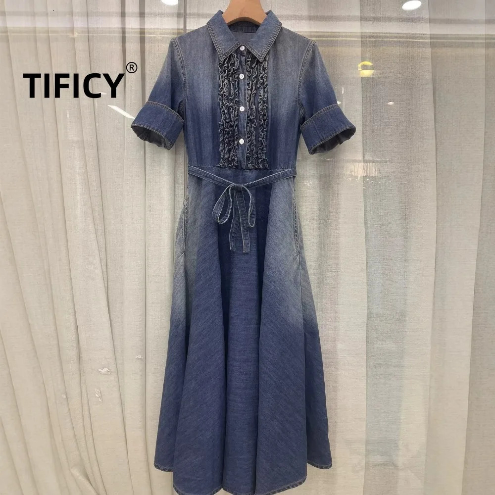 High Street Jean Dresse's Summer Heavy Industry Pure Cotton Positioning Washed Denim Ruffled Large Swing Dress 261015