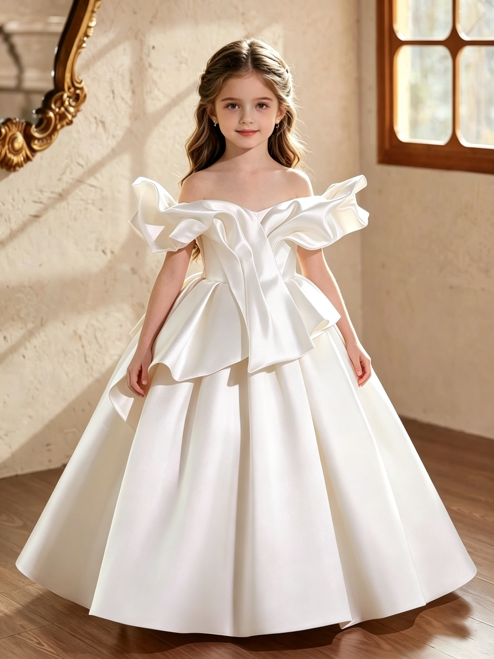 Luxury Off-the-Shoulder Satin Flower Girl Ruffle Neckline Sleeves Pageant Dress Girls Birthday Wedding Gown