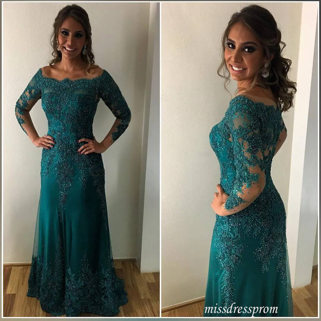 Green Beaded Mermaid Mother Of The Bride Dresses Long Sleeves Off Shoulder Evening Gowns Formal Lace Appliqued Wedding Guest Dress