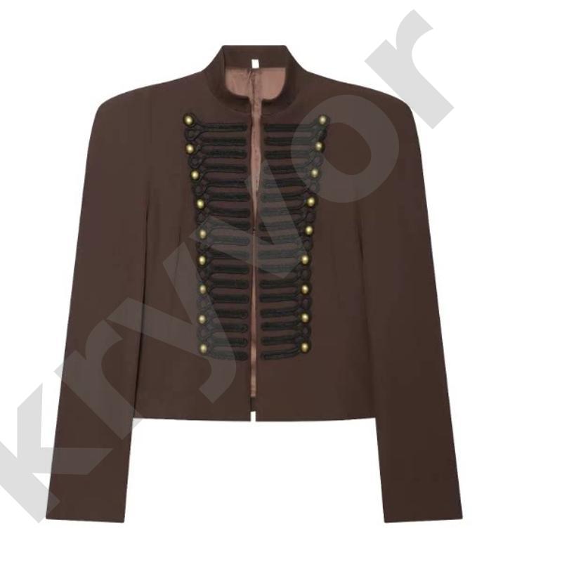Retro Military Parade Style Short Jacket For Women Mandarin Stand Collar Symmetrical Braided Cord And Gold Buttons Open Front Long Sleeve Slim Outer