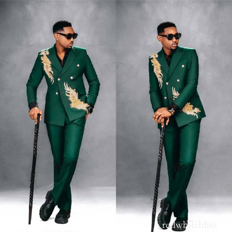 Handsome Appliques Wedding Tuxedos 2 Piece Set Jacket Pants Double Breasted Men Suit Classic Fit Evening Suits Customized