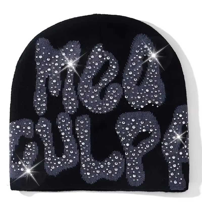 Beanie/Skull Caps 2023 NEW Y2K MEA Culpa Beanies Hat with Rhinestone for Women Men Beanies Hats Hip-hop Soft Stretch Warm Knitted Slouchy Cap Q26101