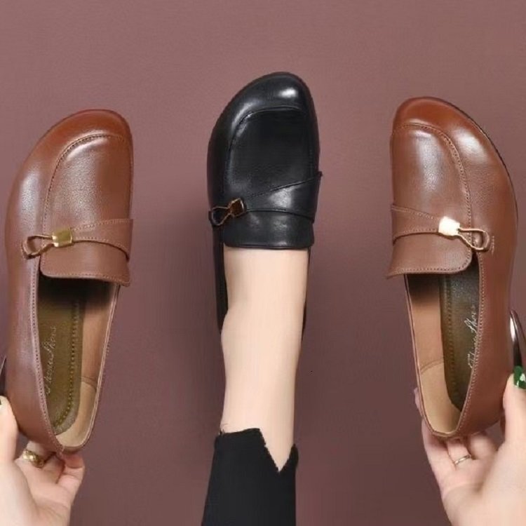 New Spring and Autumn Leather Loafers Round-Toe Women's British Style Soft Sole Flat Shoes ddmykukumalu