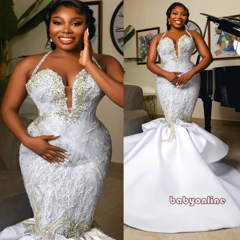 Plus Size White For Bride Mermaid Wedding Gowns Halter Appliqued Tiers Beaded Lace Rhinestones Bridal Dress D898