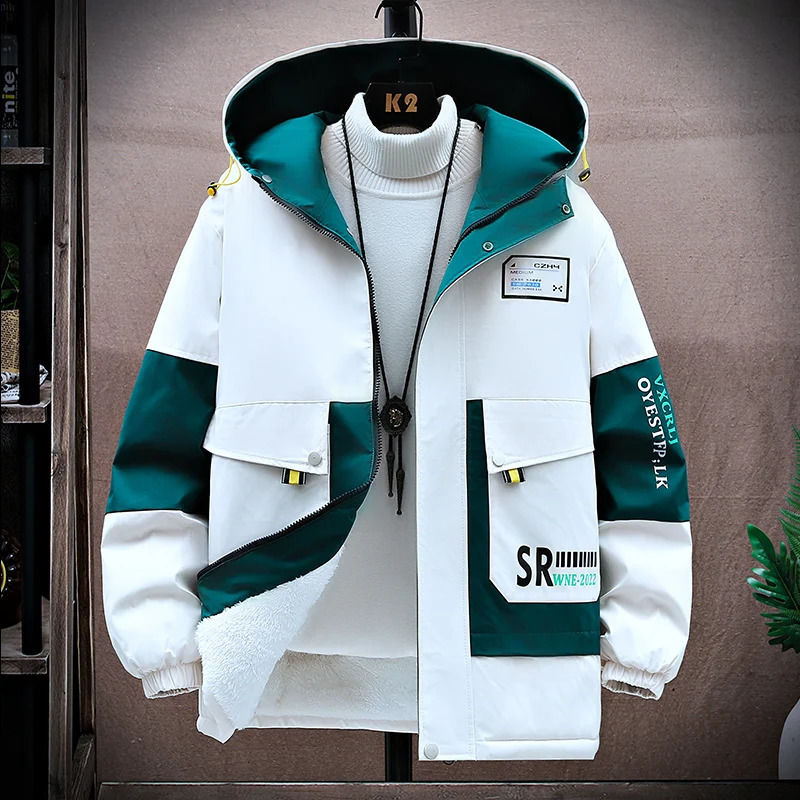 AutumnWinter Trendy Hooded Jacket Color Matching Windproof Plush Thick Insulation Printed Mens Outdoor Clothing Casual 261016
