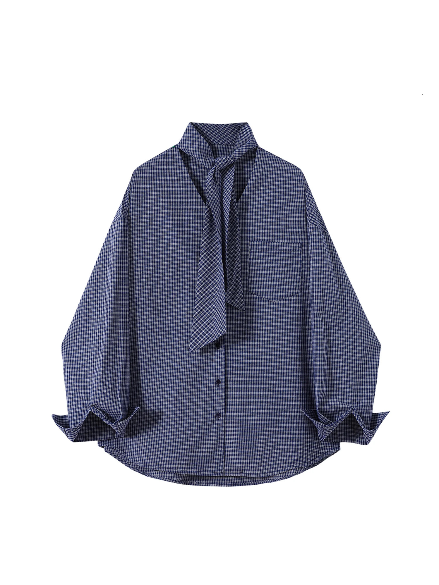 Womens Blue Plaid Shirts Blouses Y2k Vintage 2000s Elegant Aesthetic Long Sleeve Shirt with Tie Fashion Clothes Autumn Spring 261017