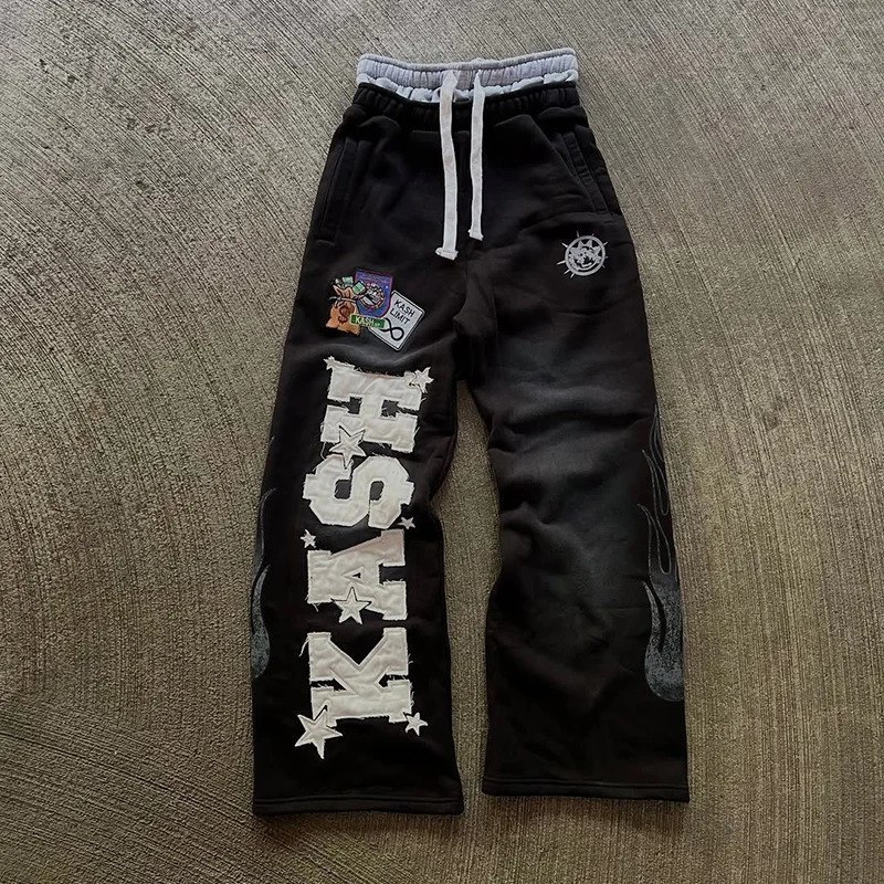 American Hip-Hop Men Pants Y2K Double Waisted Sweatpants Spring Autumn Women Men Embroidered Trendy High Street Straight Pant 261013