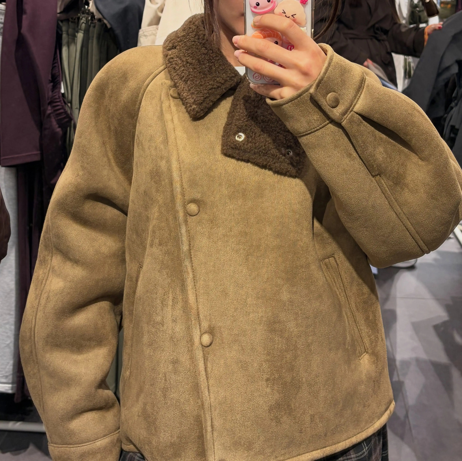 Women Khaki Faux Suede Lined Belted Jacket Side Pockets Long Sleeve Loose Fit Ladies Warm Winter Coat 2026 Outerwear 261015