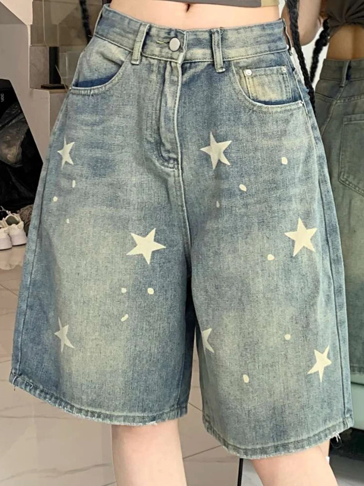 Women High Waist American Retro Washed Wide Leg Jeans Girls Street Do Old Star Loose Denim Pants Female Blue Knee Length Shorts 261013