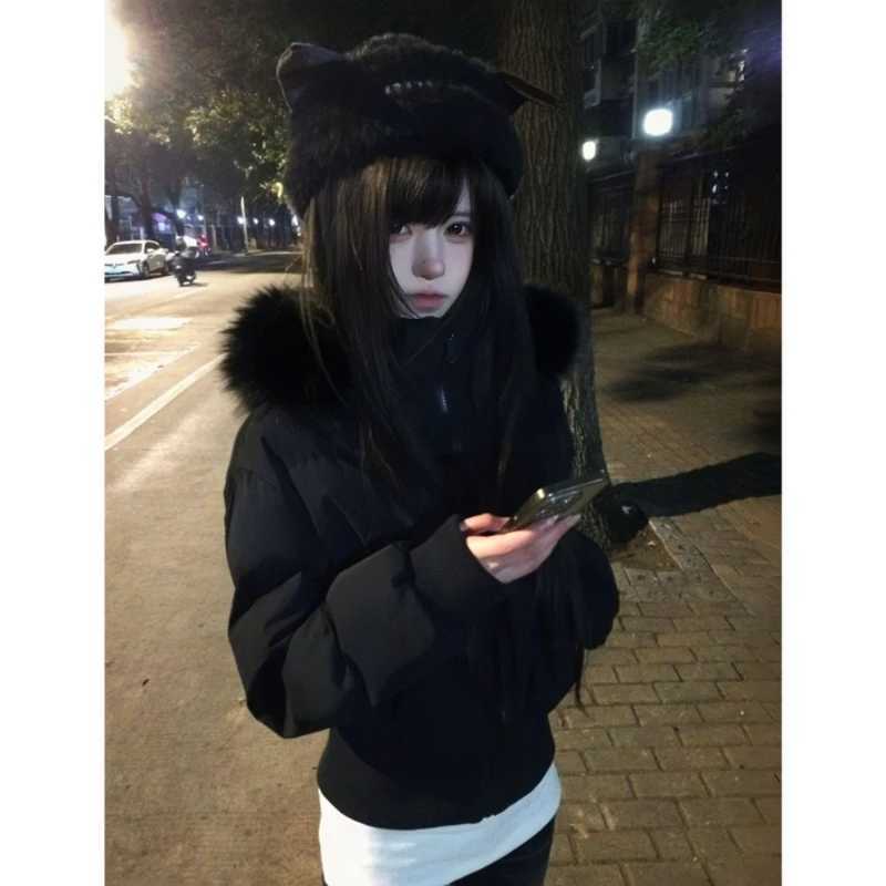 Women's Down Parkas American Vintage Long Sleeve Faux Fur Collar Hooded Parkas Women Casual Y2k Retro Solid Color Cropped Coat Autumn WinterT26