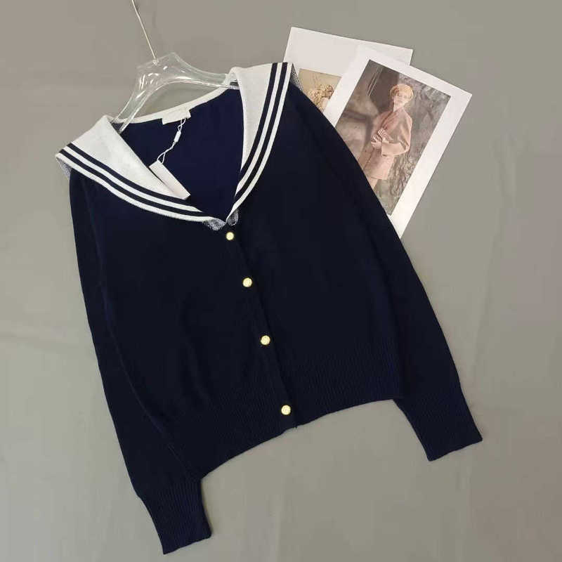 Women's Knits & Tees Designer High-quality Early Autumn New Collection: Navy-style Shawl With A V-neck, Long-sleeved Knit Cardigan 2WP9