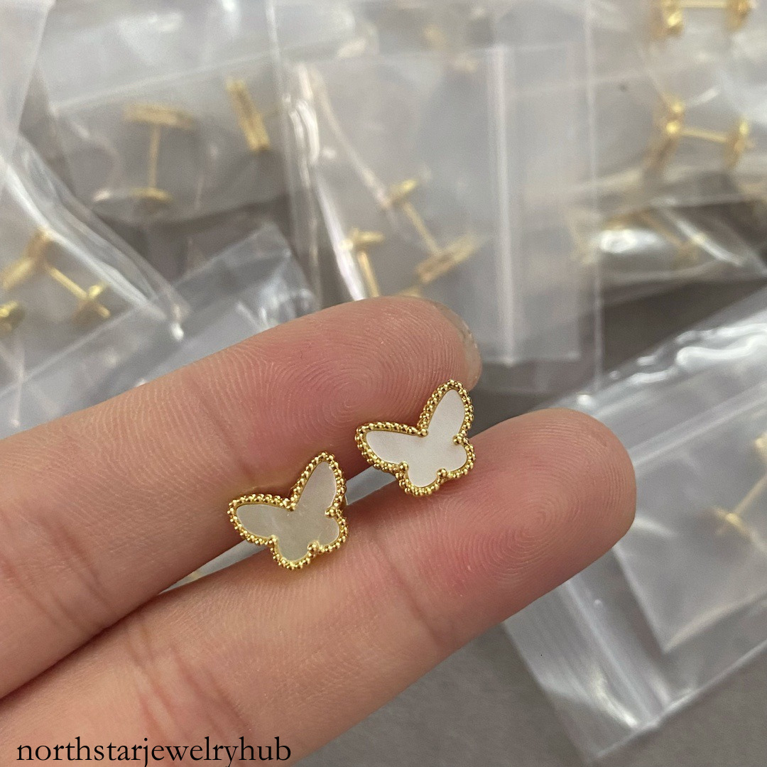 Designer Jewelry vanly sterling silver mini butterfly earrings, plated with gold, featuring CNC-cut white gray mother-of-pearl, and blue turquoise
