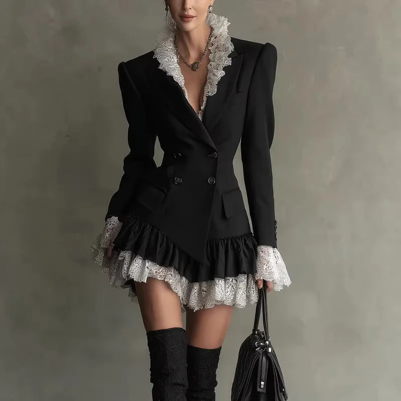 Chic Patchwork Lace Blazer Dress Women Autumn Winter Commute Lapel Long Sleeve Slim Fit Mini Dresses Double Breasted Suit Dress 261016