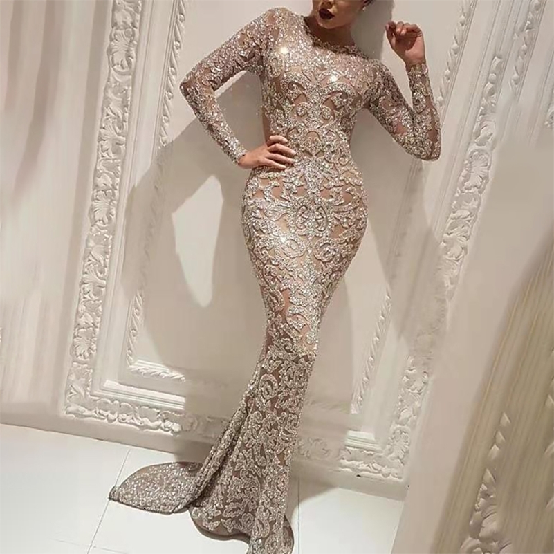Women's y Formal Evening Dress Sequin Appliques Slim Crew Neck Fishtail Dress Long Sleeve Maxi Wedding Prom Dresses 261016