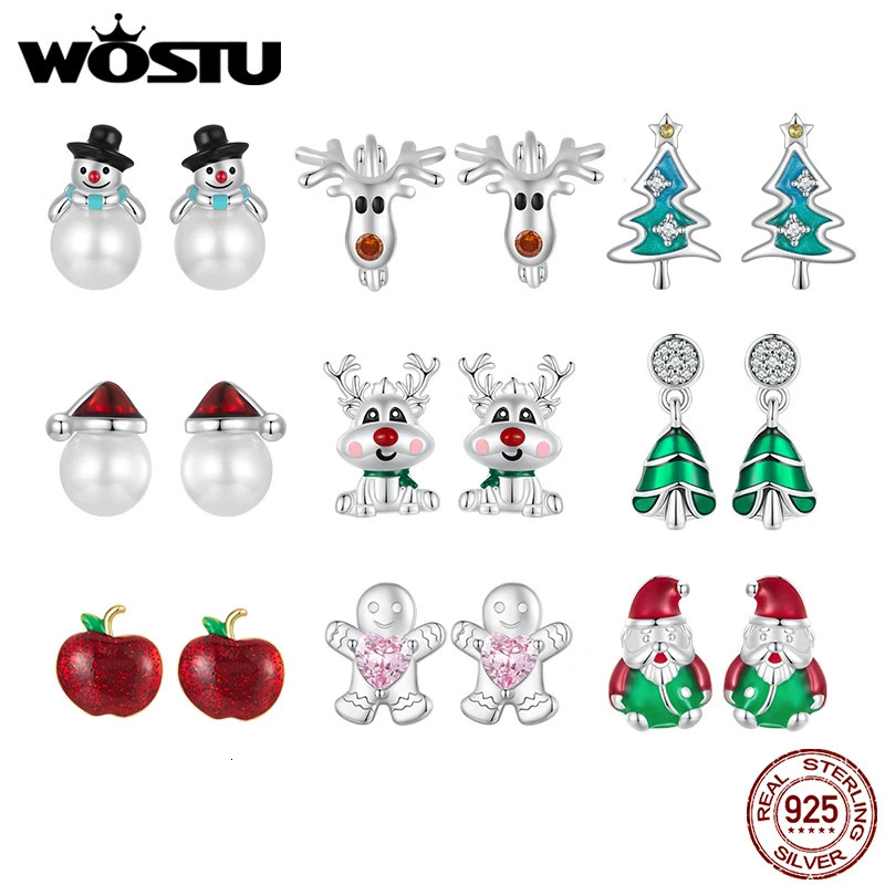 WOSTU 925 Sterling Silver Christmas Snowman Pearl Stud Earrings Xmas Red Hat Reindeer Ear Buckles Year Jewelry Holiday Gift 261017